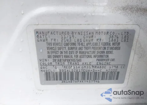 2019 Nissan Sentra Sv из США, поврежденный, VIN 3N1AB7APXKY457946